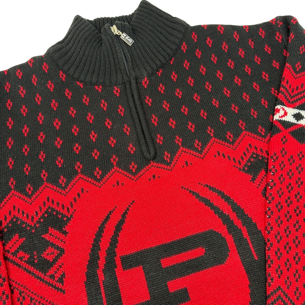 Phat Farm Mens‎ XL Red Black Fair Isle Knit 1/4 Zip Sweater Wool Blend